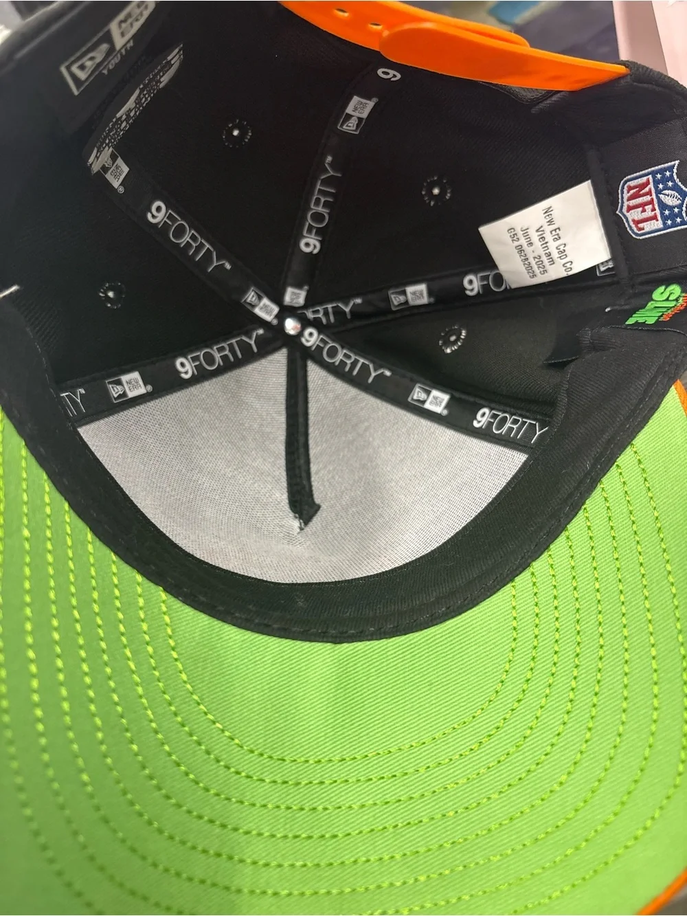 New Era Kids Orange and Black Baseball Cap with Green Embroidery